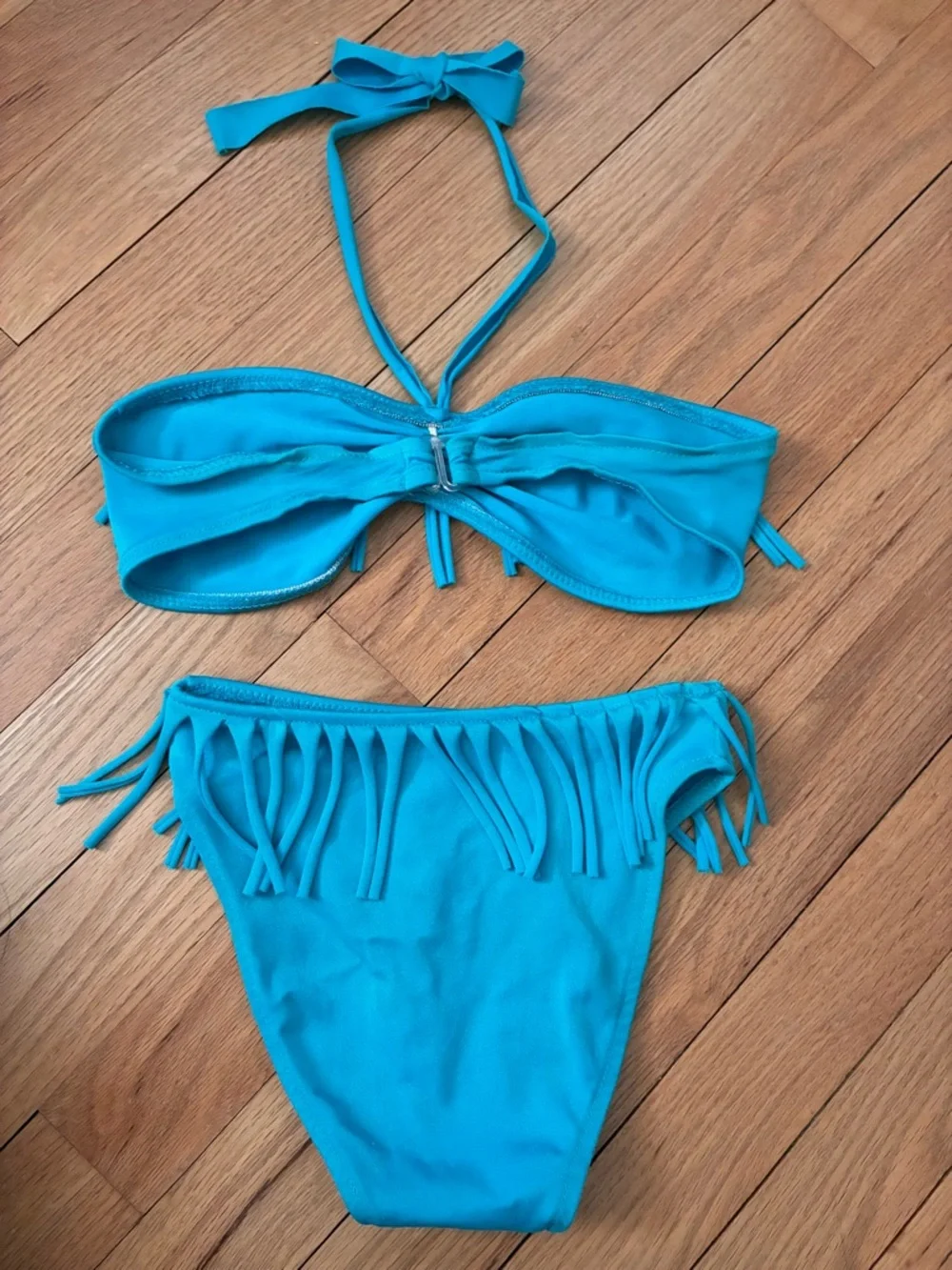 Vintage Toddler Fringed Bikini, Turquoise + Folding Kitty Sunglasses Set, 4T